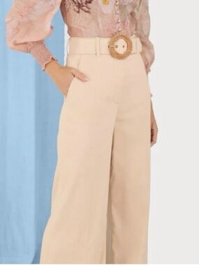 Zimmermann Dancer Beige High-Waist Wide-Leg Pants with Woven Buckle Belt